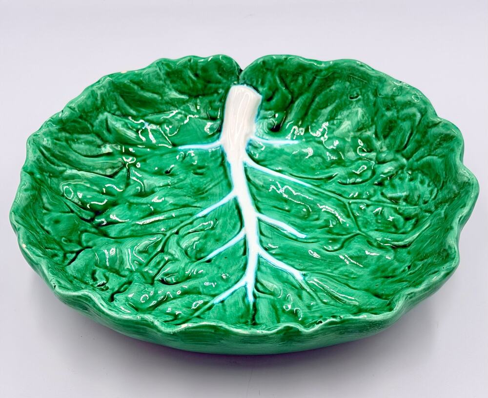 Bordallo Pinheiro Cabbage Leaf Bowl Pressed Frog Mark Portugal Majolica 9"
